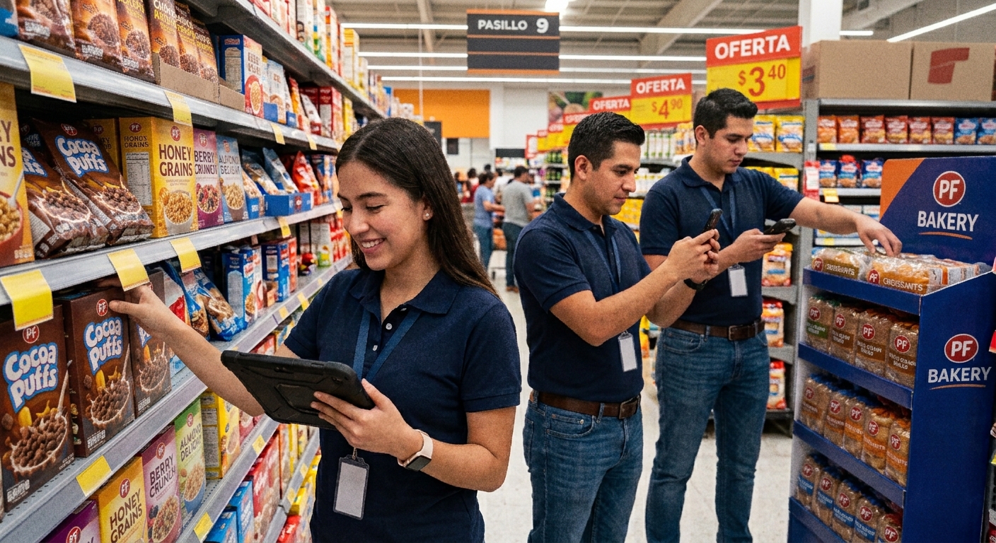 Equipo de campo utilizando tecnología para la ejecución en punto de venta