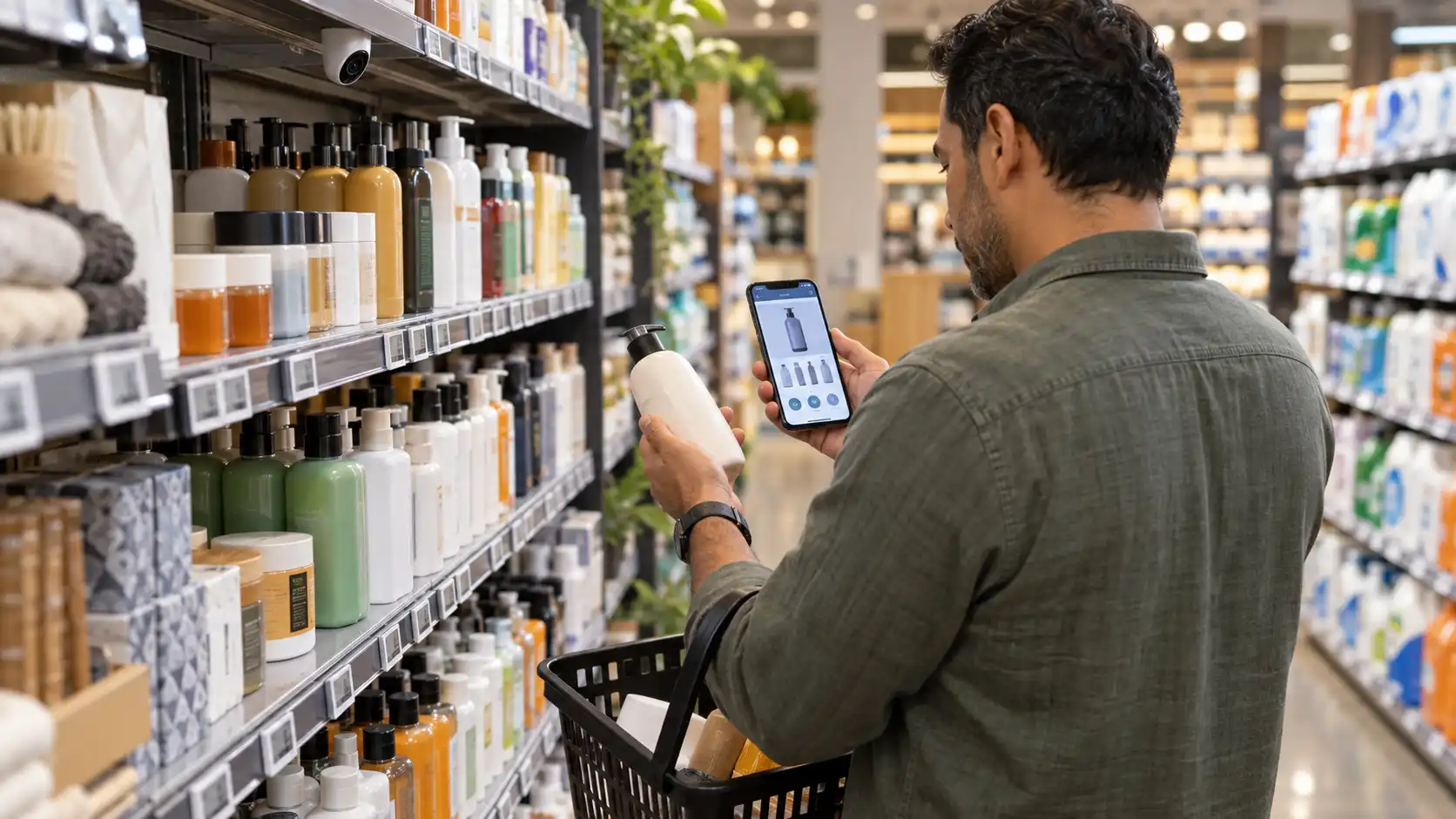 Comprador utiliza inteligencia artificial en retail para comparar un producto durante su compra