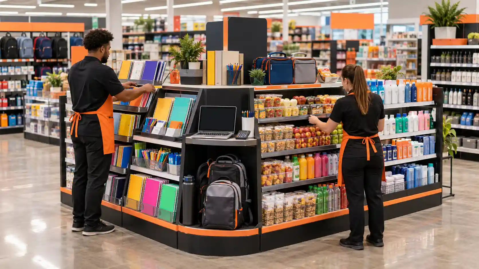 Exhibición con diferentes categorías de regreso a clases en una tienda retail