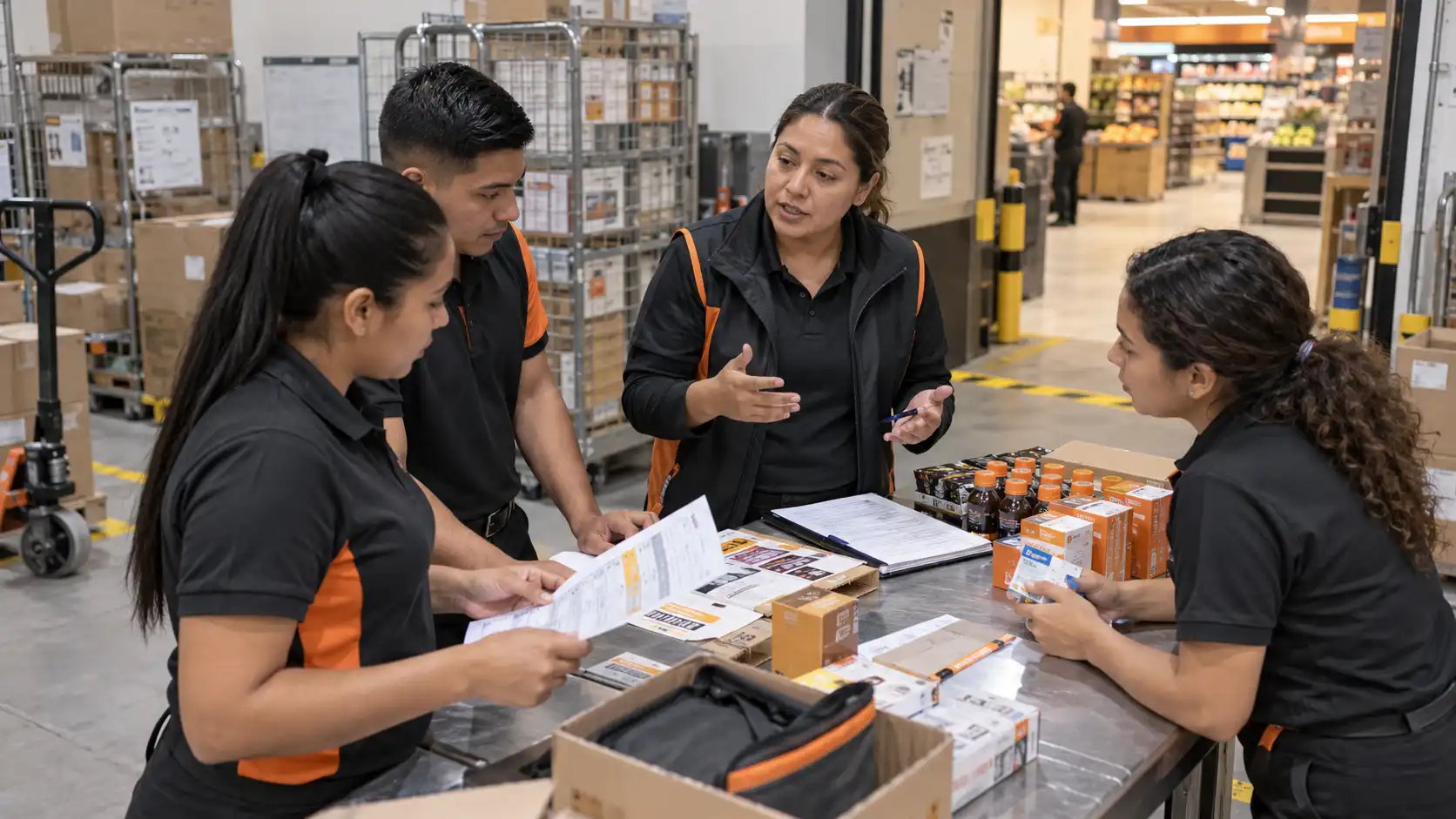 Equipo de promotores en campo organizando tareas y prioridades antes de visitar el punto de venta