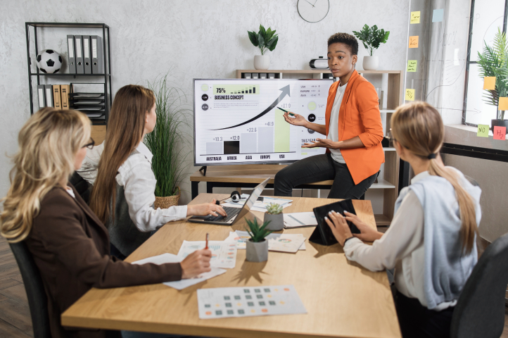 Empleado explicando los indicadores de ventas de su empresa