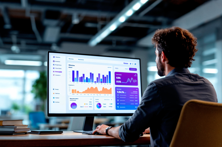Un joven trabajador viendo su monitor donde está haciendo una analítica de datos