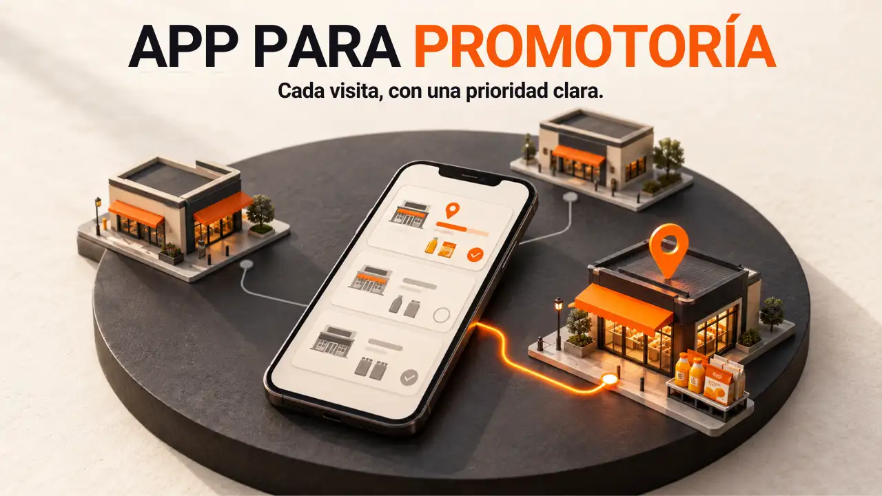 Ilustración de una app para promotoría en un celular conectado con tres tiendas y una visita destacada en naranja.